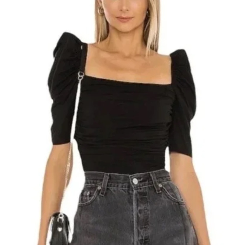 Frame NWT Betty Knit fitted puff shoulder black blouse